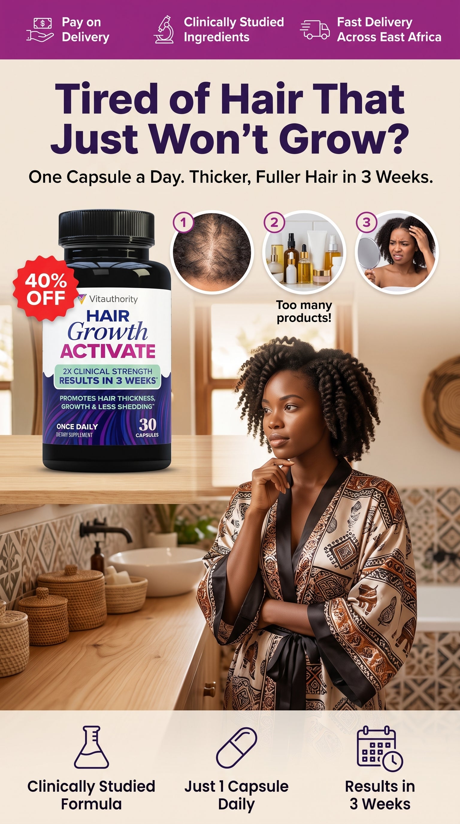 Vitauthority Hair Growth Activate Capsules – 2X Clinical Strength (30 Count)