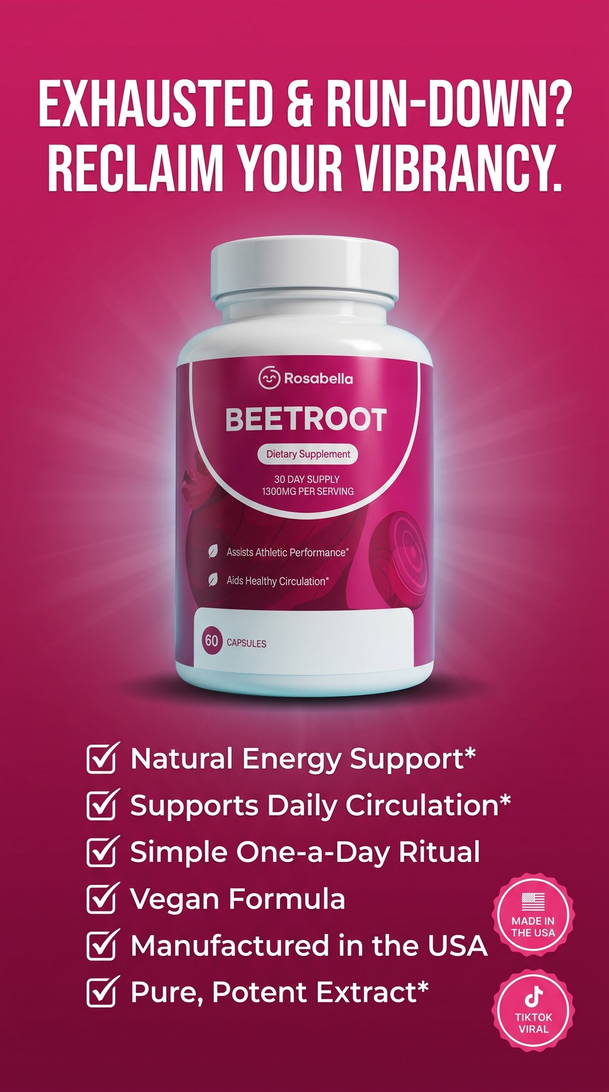 Rosabella™ Organic Beetroot Capsules (1300mg Pure Extract & Energy Support)
