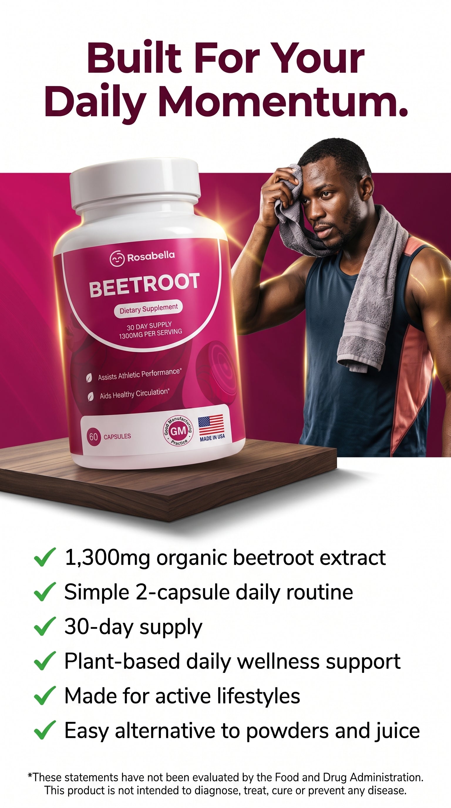 Rosabella™ Organic Beetroot Capsules (1300mg Pure Extract & Energy Support) - Men